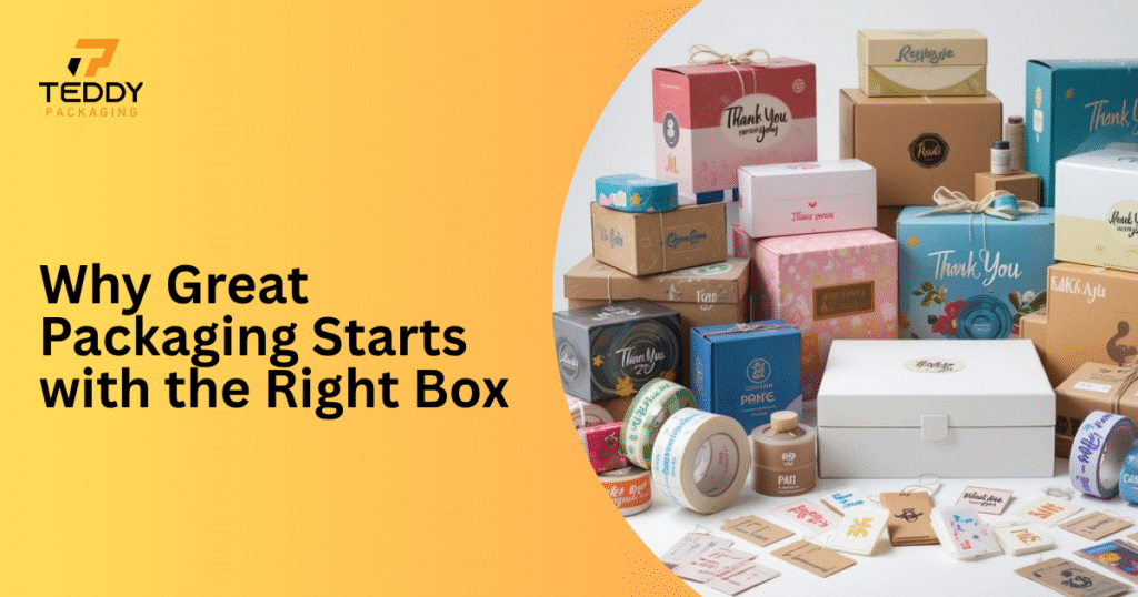 Variety of UK-made custom packaging boxes for food, cosmetics, retail, and gifts arranged neatly on a studio background.