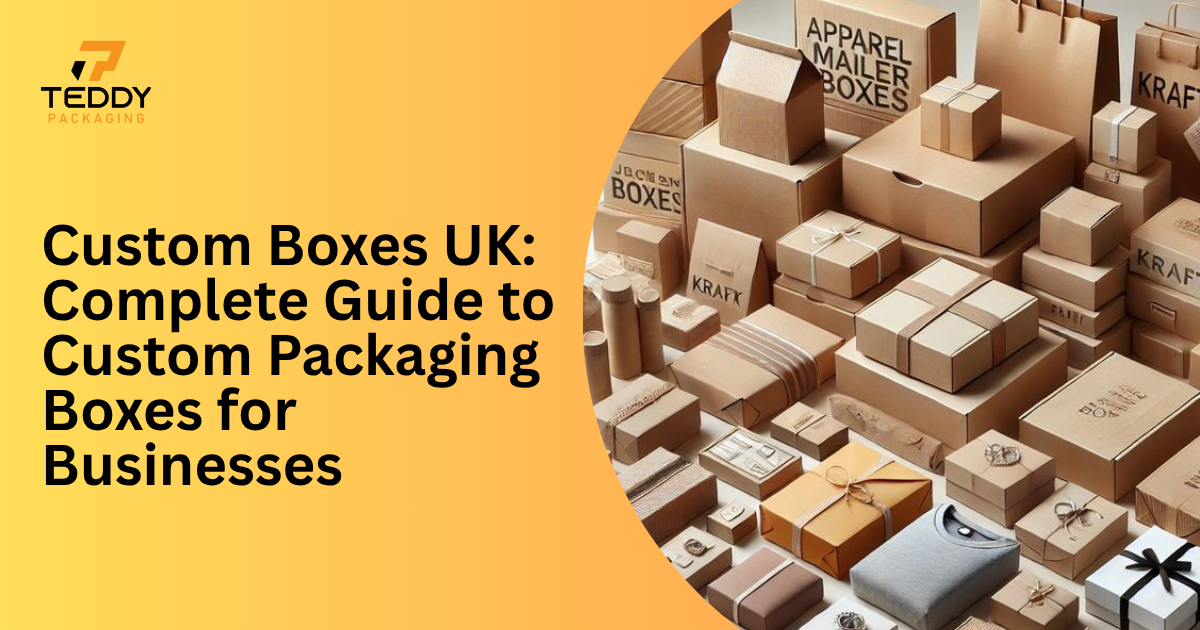 Stacked custom cardboard packaging boxes in various sizes for UK businesses