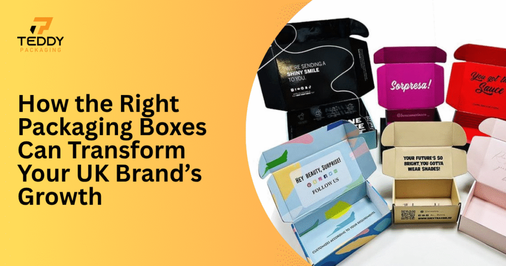 High-quality custom packaging boxes displayed on a UK workspace, showing premium materials, branding, and eco-friendly design for small business products.