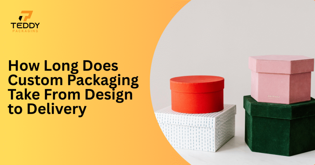 Custom packaging boxes shown at different stages from design samples to finished delivery in the UK