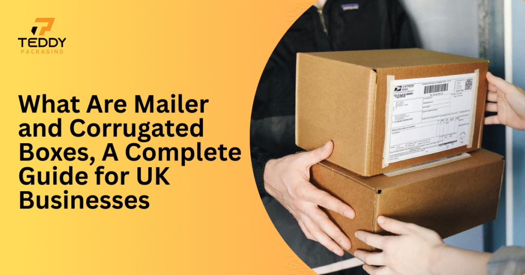 Mailer and corrugated boxes arranged on a table showing different sizes and materials used for UK shipping and packaging